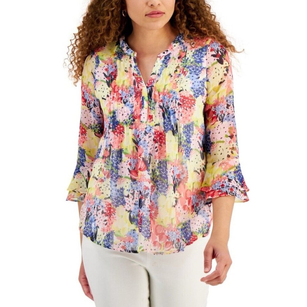 Charter Club Petite Women's Floral Print Flutter Sleeves 3/4 Pintuck Top XS